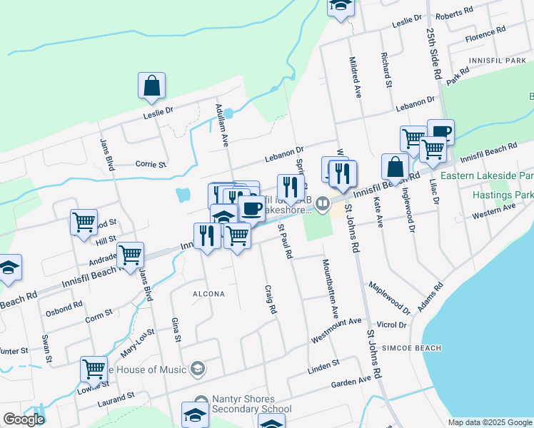 map of restaurants, bars, coffee shops, grocery stores, and more near 1018 Innisfil Beach Road in Innisfil