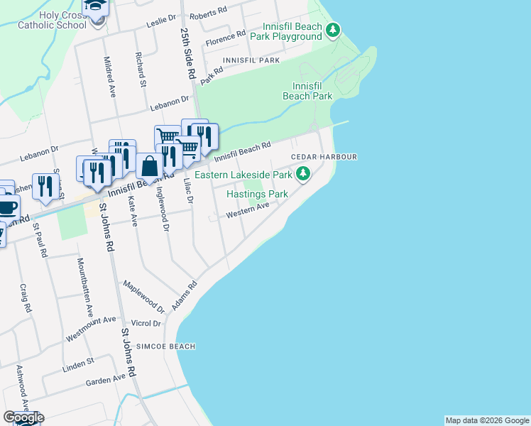 map of restaurants, bars, coffee shops, grocery stores, and more near 736 Lakelands Avenue in Innisfil