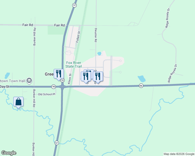 map of restaurants, bars, coffee shops, grocery stores, and more near 6781 Deuster Road in Greenleaf