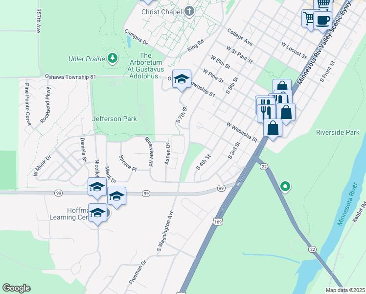 map of restaurants, bars, coffee shops, grocery stores, and more near 1553 Aspen Drive in Saint Peter