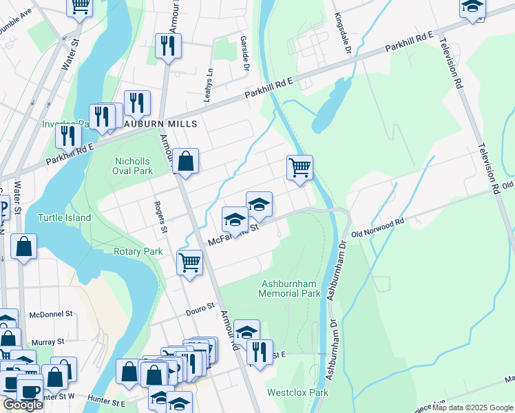 map of restaurants, bars, coffee shops, grocery stores, and more near in Peterborough