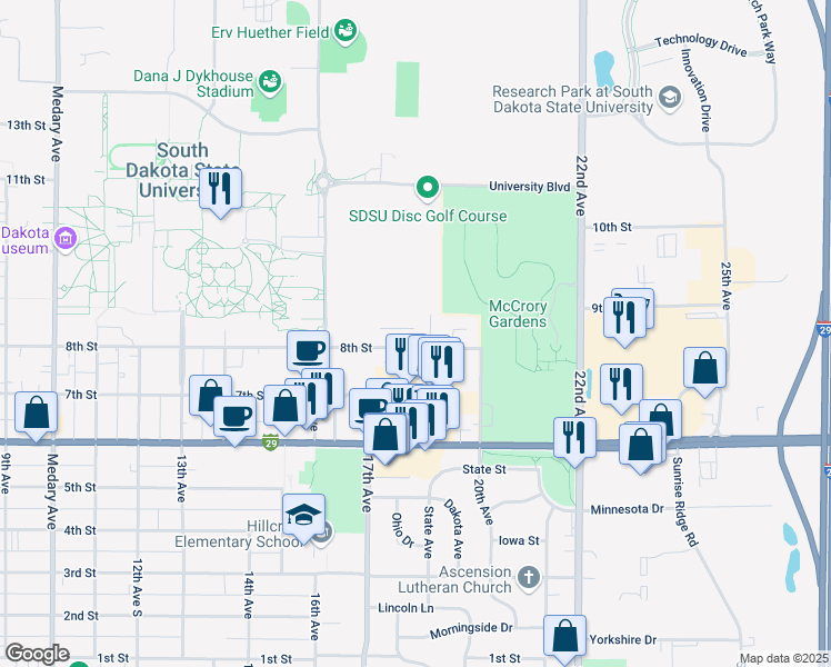map of restaurants, bars, coffee shops, grocery stores, and more near 1811 8th Street in Brookings