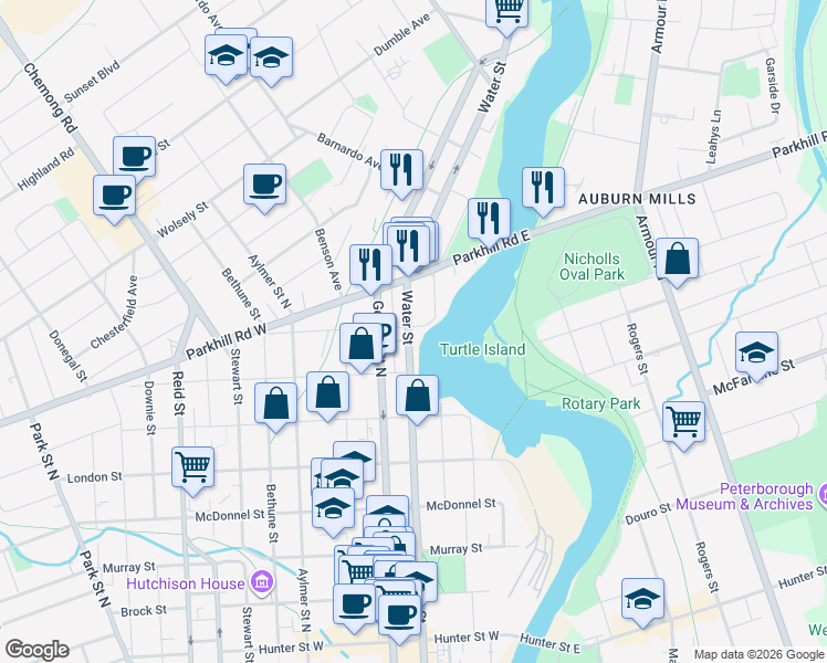 map of restaurants, bars, coffee shops, grocery stores, and more near 680 Water Street in Peterborough
