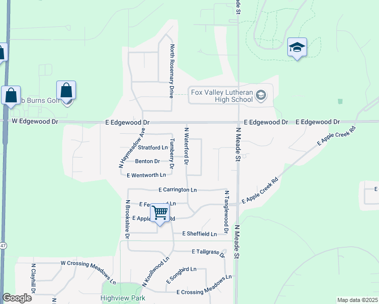 map of restaurants, bars, coffee shops, grocery stores, and more near 5008 North Waterford Drive in Appleton