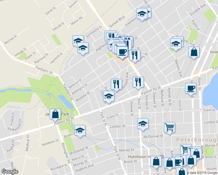 map of restaurants, bars, coffee shops, grocery stores, and more near 388 Aberdeen Avenue in Peterborough