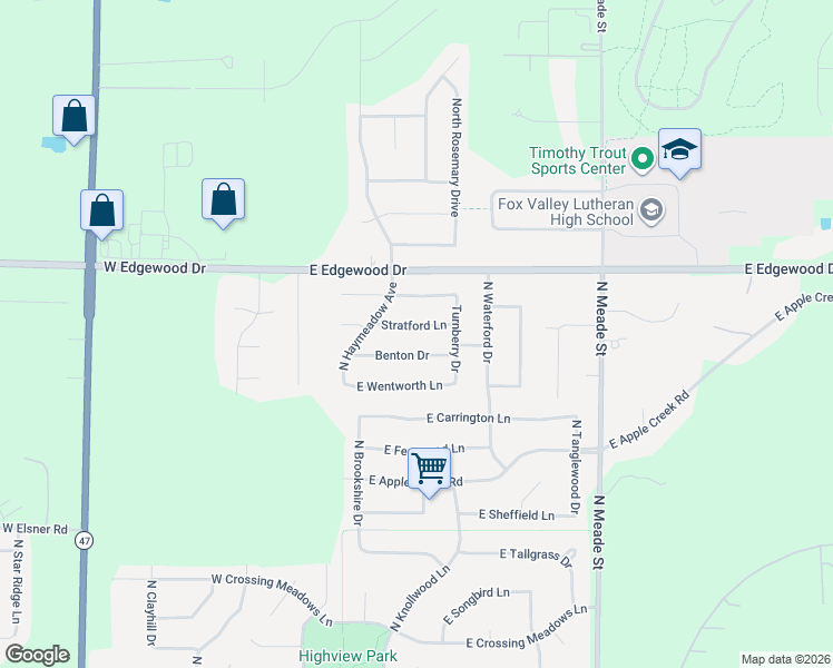 map of restaurants, bars, coffee shops, grocery stores, and more near 309 Stratford Lane in Appleton