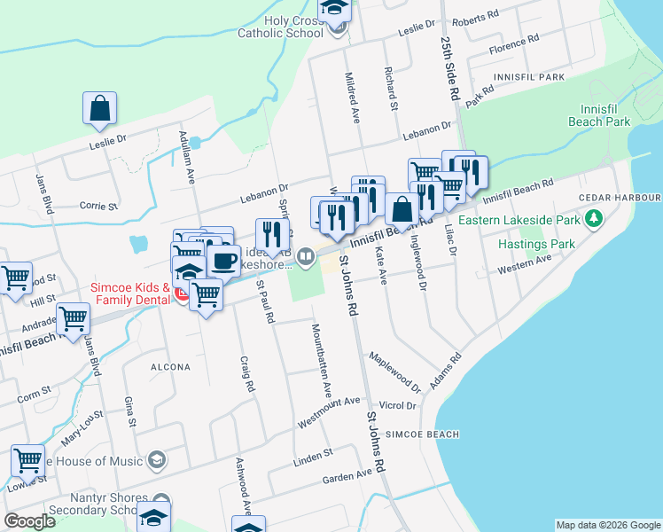 map of restaurants, bars, coffee shops, grocery stores, and more near 5-945 Innisfil Beach Road in Innisfil