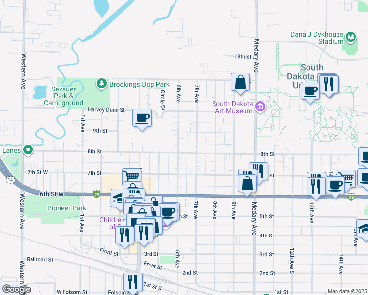map of restaurants, bars, coffee shops, grocery stores, and more near 804 6th Avenue in Brookings