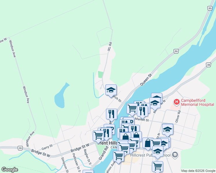 map of restaurants, bars, coffee shops, grocery stores, and more near 93 Church Street in Campbellford