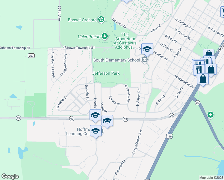 map of restaurants, bars, coffee shops, grocery stores, and more near 815 Meadowlark Lane in Saint Peter