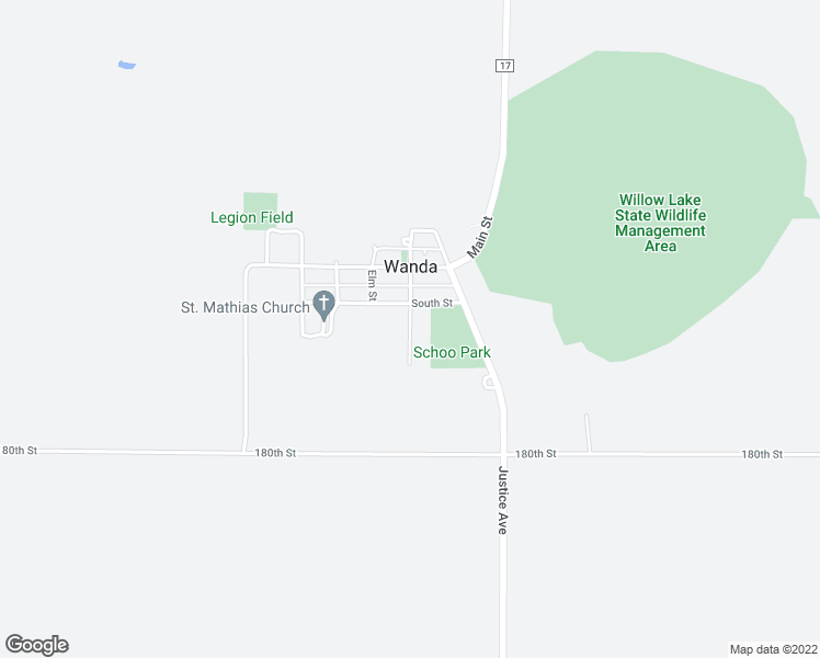 map of restaurants, bars, coffee shops, grocery stores, and more near South Oak Street in Wanda