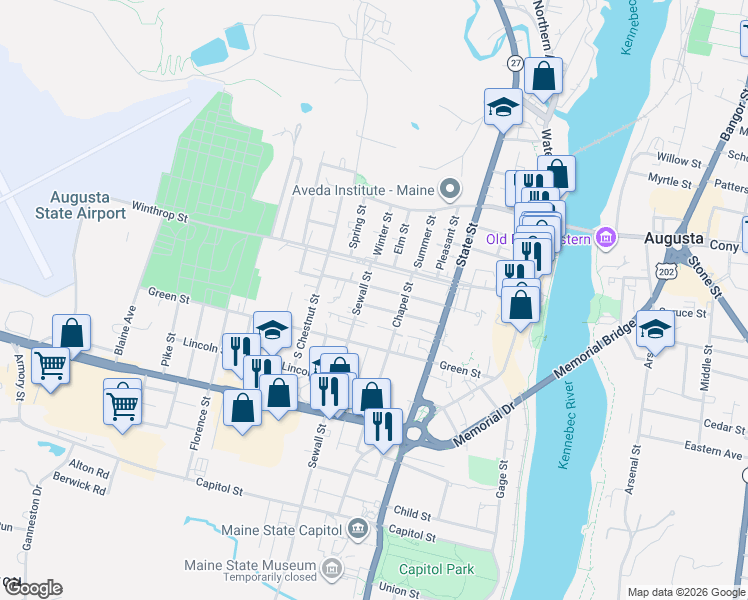 map of restaurants, bars, coffee shops, grocery stores, and more near 19 Sewall Street in Augusta
