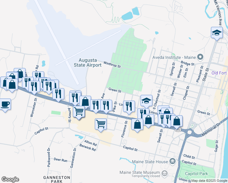 map of restaurants, bars, coffee shops, grocery stores, and more near 152 Green Street in Augusta