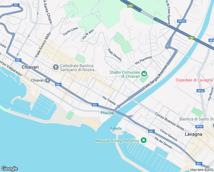 map of restaurants, bars, coffee shops, grocery stores, and more near 74 Corso Dante in Chiavari