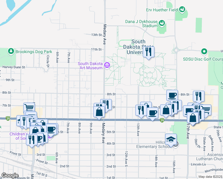 map of restaurants, bars, coffee shops, grocery stores, and more near 1057 8th Street in Brookings