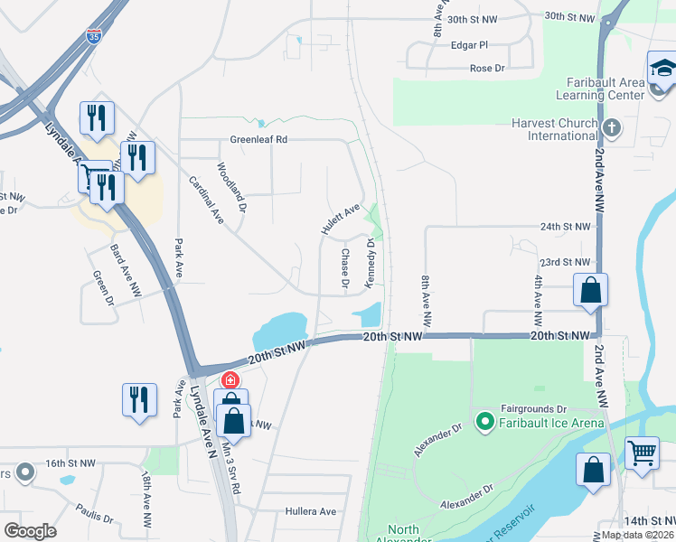 map of restaurants, bars, coffee shops, grocery stores, and more near 2218 Chase Drive in Faribault