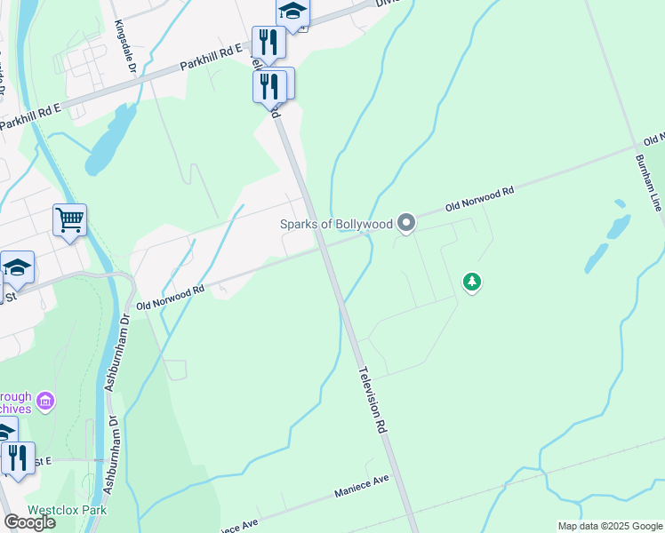 map of restaurants, bars, coffee shops, grocery stores, and more near 2535 Television Road in Peterborough