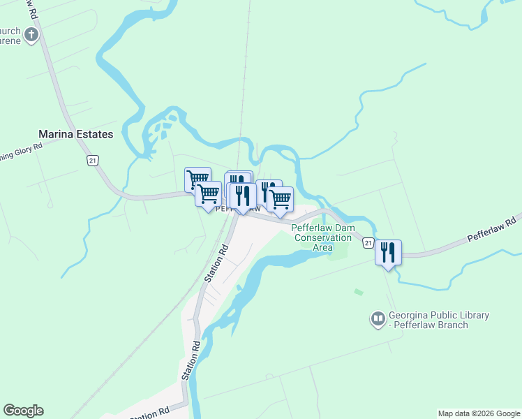 map of restaurants, bars, coffee shops, grocery stores, and more near 270 Pefferlaw Road in Georgina