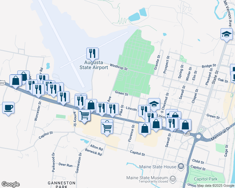 map of restaurants, bars, coffee shops, grocery stores, and more near 152 Green Street in Augusta
