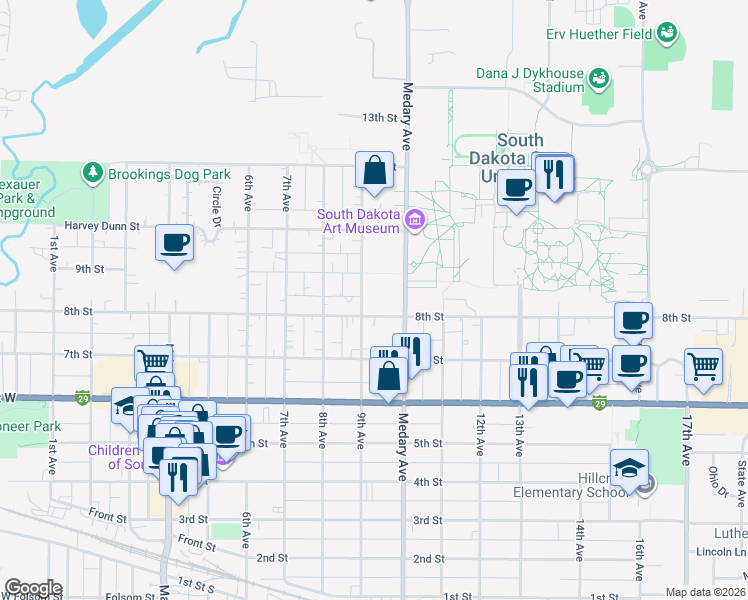 map of restaurants, bars, coffee shops, grocery stores, and more near 803 9th Avenue in Brookings