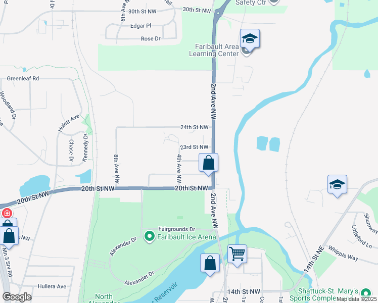 map of restaurants, bars, coffee shops, grocery stores, and more near 306 22nd Street Northwest in Faribault