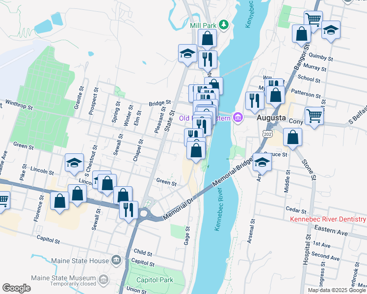 map of restaurants, bars, coffee shops, grocery stores, and more near 16 Winthrop Street in Augusta