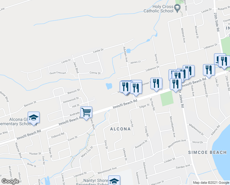 map of restaurants, bars, coffee shops, grocery stores, and more near 1108 Goshen Road in Innisfil