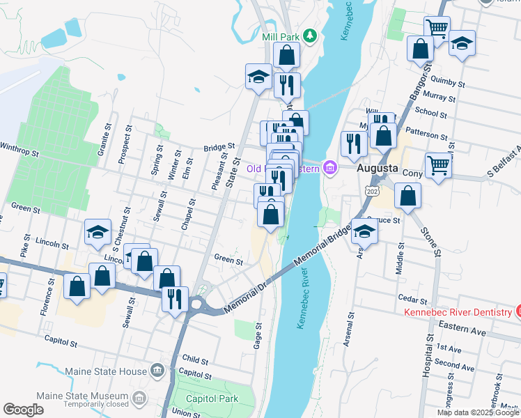 map of restaurants, bars, coffee shops, grocery stores, and more near 16 Winthrop Street in Augusta