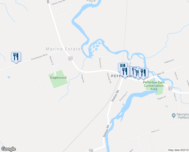 map of restaurants, bars, coffee shops, grocery stores, and more near 339 Pefferlaw Road in Georgina