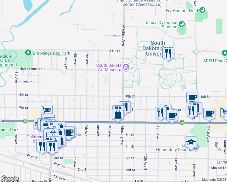 map of restaurants, bars, coffee shops, grocery stores, and more near 803 9th Avenue in Brookings