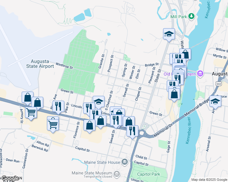 map of restaurants, bars, coffee shops, grocery stores, and more near 19 South Chestnut Street in Augusta