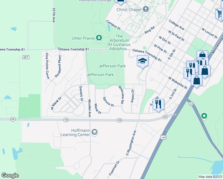 map of restaurants, bars, coffee shops, grocery stores, and more near 815 Meadowlark Lane in Saint Peter