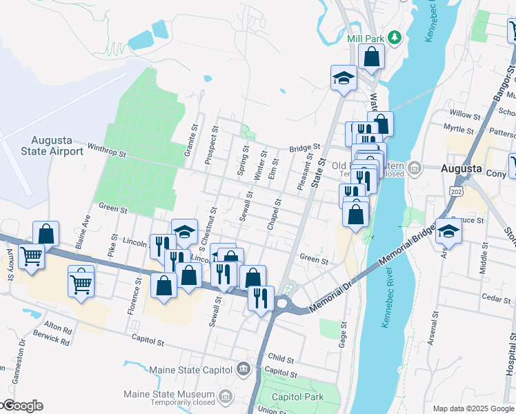 map of restaurants, bars, coffee shops, grocery stores, and more near 19 Sewall Street in Augusta