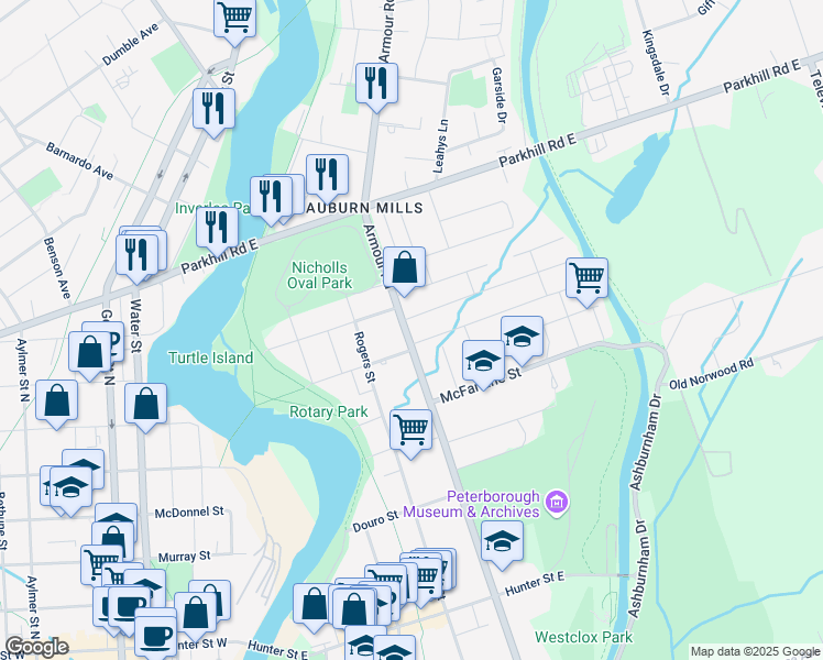 map of restaurants, bars, coffee shops, grocery stores, and more near in Peterborough