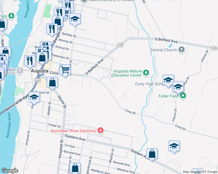 map of restaurants, bars, coffee shops, grocery stores, and more near 201 Cony Street in Augusta