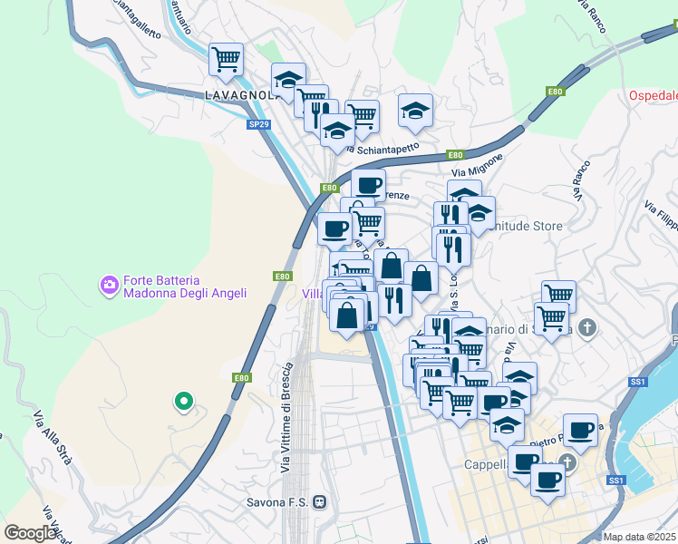 map of restaurants, bars, coffee shops, grocery stores, and more near 44 Corso Agostino Ricci in Savona