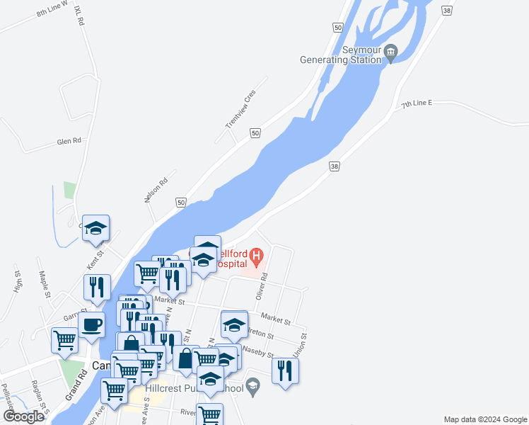 map of restaurants, bars, coffee shops, grocery stores, and more near 290 Front Street North in Trent Hills