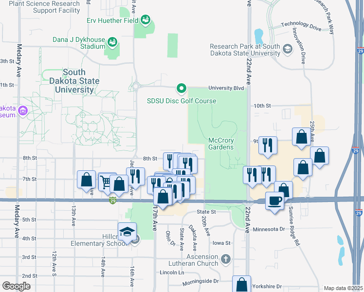 map of restaurants, bars, coffee shops, grocery stores, and more near 1811 8th Street in Brookings