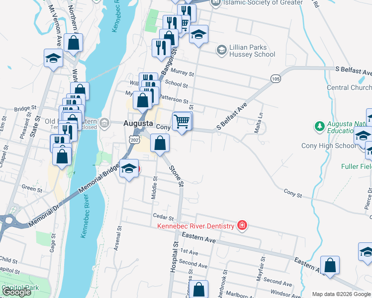 map of restaurants, bars, coffee shops, grocery stores, and more near 14 Village Circle in Augusta