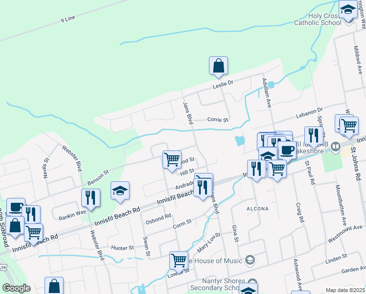 map of restaurants, bars, coffee shops, grocery stores, and more near 1200 Benson Street in Innisfil