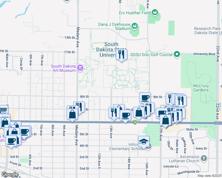 map of restaurants, bars, coffee shops, grocery stores, and more near 881 Campanile Avenue in Brookings
