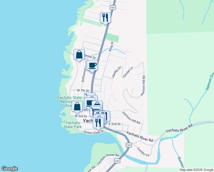 map of restaurants, bars, coffee shops, grocery stores, and more near 934 Hanley Terrace in Yachats