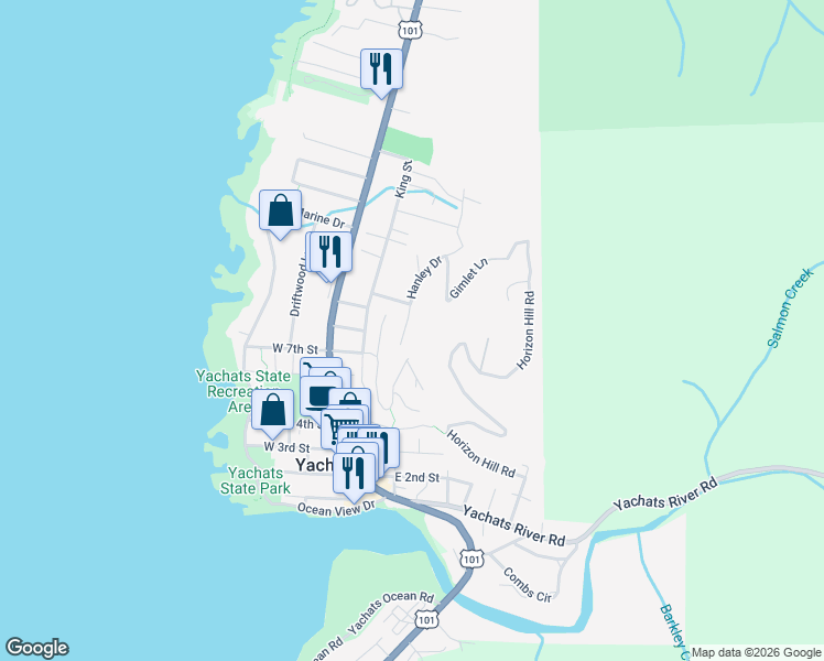 map of restaurants, bars, coffee shops, grocery stores, and more near 934 Hanley Drive in Yachats