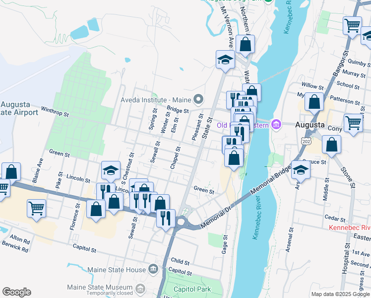 map of restaurants, bars, coffee shops, grocery stores, and more near 43 Court Street in Augusta