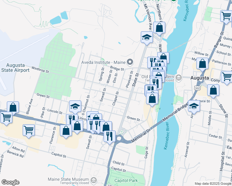 map of restaurants, bars, coffee shops, grocery stores, and more near 16 Chapel Street in Augusta
