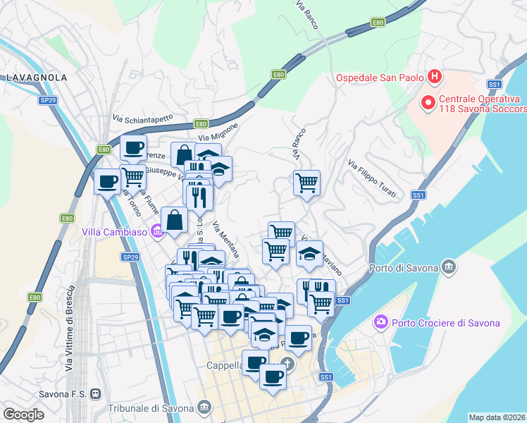 map of restaurants, bars, coffee shops, grocery stores, and more near 16 Via San Francesco D'Assisi in Savona