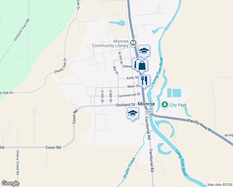 map of restaurants, bars, coffee shops, grocery stores, and more near 790 Commercial Street in Monroe