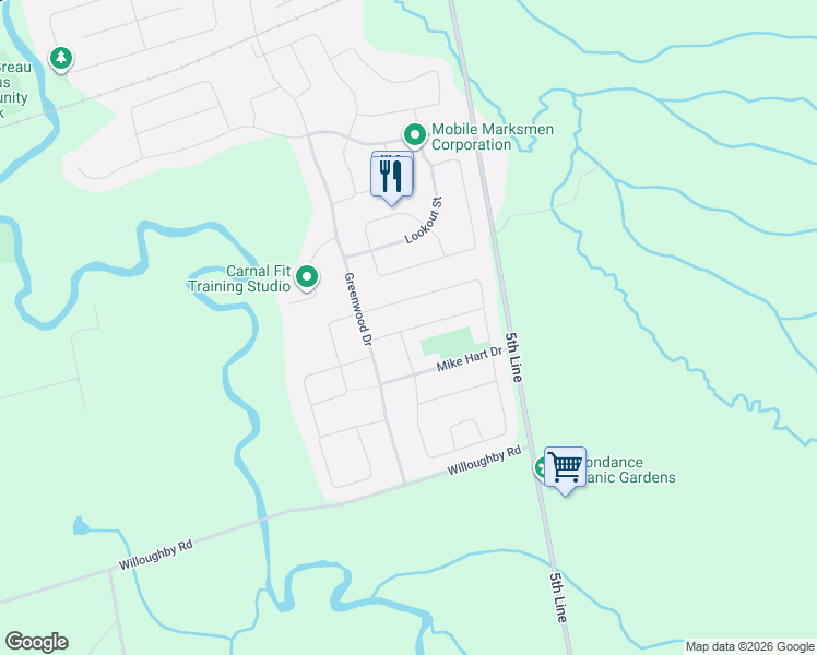 map of restaurants, bars, coffee shops, grocery stores, and more near 11 Red Cedar Lane in Angus