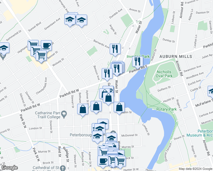 map of restaurants, bars, coffee shops, grocery stores, and more near 697 George Street North in Peterborough