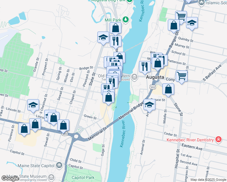 map of restaurants, bars, coffee shops, grocery stores, and more near 295 Water Street in Augusta